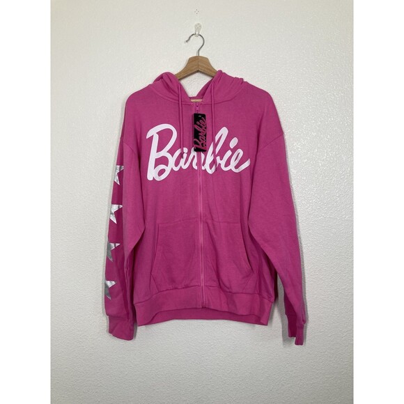 Barbie Hoodie Womens Large Zip Up Star Graphic Sweatshirt Hooded Jacket NWT pink - Picture 2 of 16